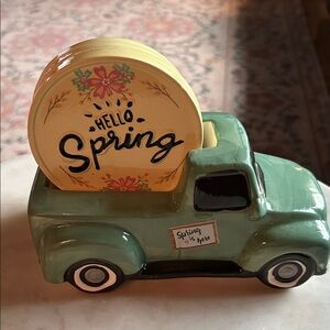 Ceramic Green Truck napkin holder with Yellow 'Hello Spring' Coasters